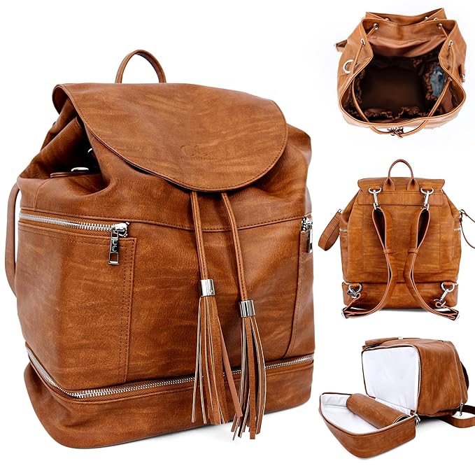 Citi Collective Journey Vintage Tan Vegan Leather Diaper Bag Backpack | Elegant, Multifunctional, Travel Diaper Bag with Stroller Straps & Insulated Bottle Pockets