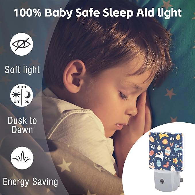 Easter Bunnies and Eggs Night Light, Colorful Rabbits and Flowers Dusk to Dawn Night Light Plug in,0.5w Energy Saving Sleep Friendly NightLight for Kids Boys Girls Home Decor