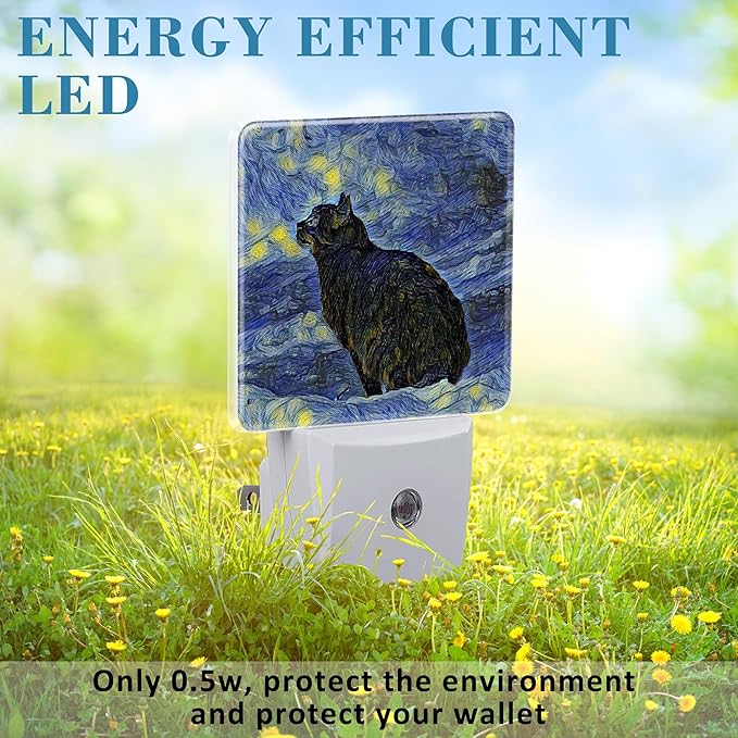 Plug in Night Lights Starry Sky Black cat Painting Nightlight Plug Into Wall Dusk to Dawn Sensor LED Night Light for Kid Girls Boys Room Decor, Hallway, Kitchen, Bathroom, Nursery, Stairs