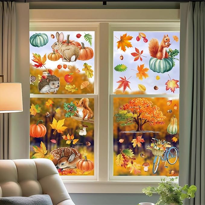 9 Sheets Fall Window Clings Cartoon Rabbit Hedgehog Squirrel Animals Pumpkin Leaves Design Autumn Windows Clings for Glass Thanksgiving Windows Stickers Decor for Home Office Bedroom