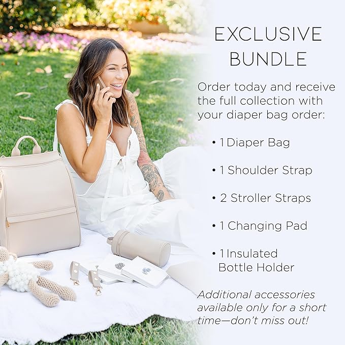 MIA + SOPHIA Leather Diaper Bag Backpack with USB Charging port, Changing Pad, Stroller Straps, and Bottle Holder(Beige Sophia)