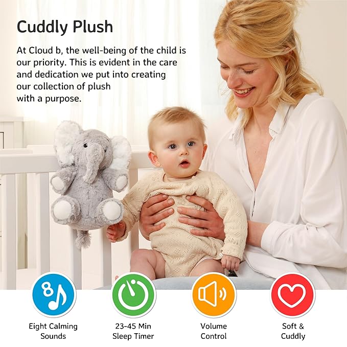 Cloud b Sound Machine with White Noise Soothing Sounds | Cuddly Stuffed Animal | Adjustable Settings and Auto-Shutoff | Ideal for Travel | Elliot Elephant On The Go