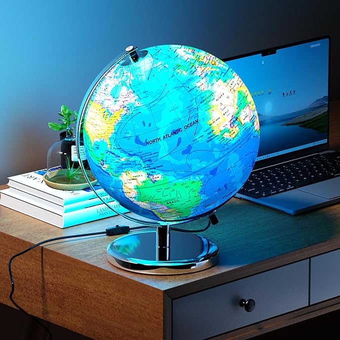 13 Inch Large World Globe for Adult, Educational Globe for Children, Colorful HD World Map Details for Kids Learning, Illuminated Globes Lamp for Kids Gift and Bedroom Office Decor