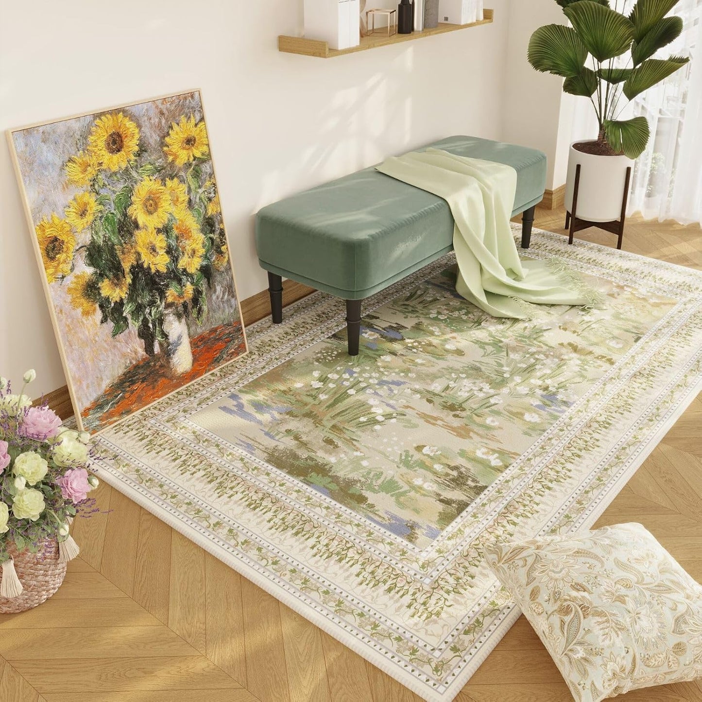 3x5 Washable Rug Impressionist-Style Vintage Non Slip Low Pile Small Carpet for Bedroom Bedside Kitchen Entryway Kids Room Office College Dorm Essentials for Girls, Beige