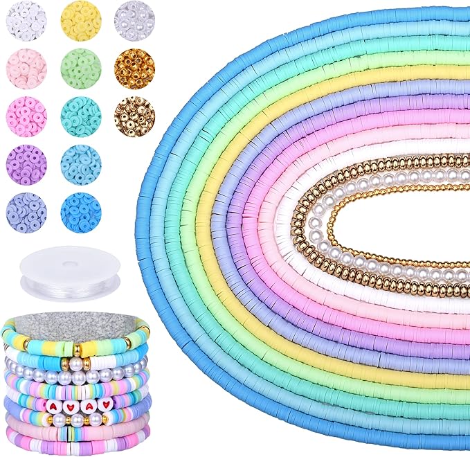 AceFun 3750PCS Clay Beads for Bracelets Making Polymer Clay Beads Kit with Pearl Beads Spacer Beads, Disc Heishi Beads Set for Jewelry Making Necklace Bracelet Earrings Finding, Macaroon Colors Mixed