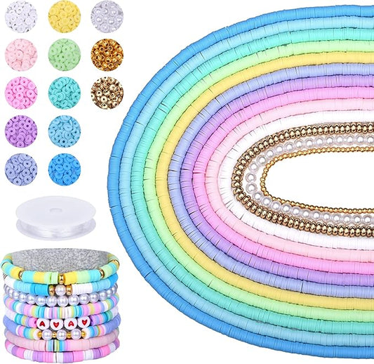 AceFun 3750PCS Clay Beads for Bracelets Making Polymer Clay Beads Kit with Pearl Beads Spacer Beads, Disc Heishi Beads Set for Jewelry Making Necklace Bracelet Earrings Finding, Macaroon Colors Mixed