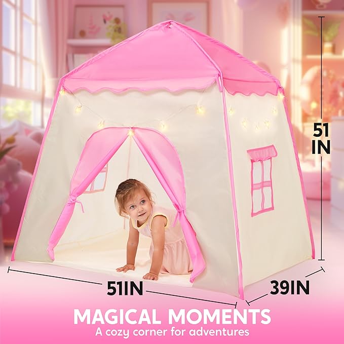JOYIN Pink Princess Tent for Girls with LED Star Lights-Indoor & Outdoor Large Playhouse Kids Castle Play Tent for Children Indoor and Outdoor Games