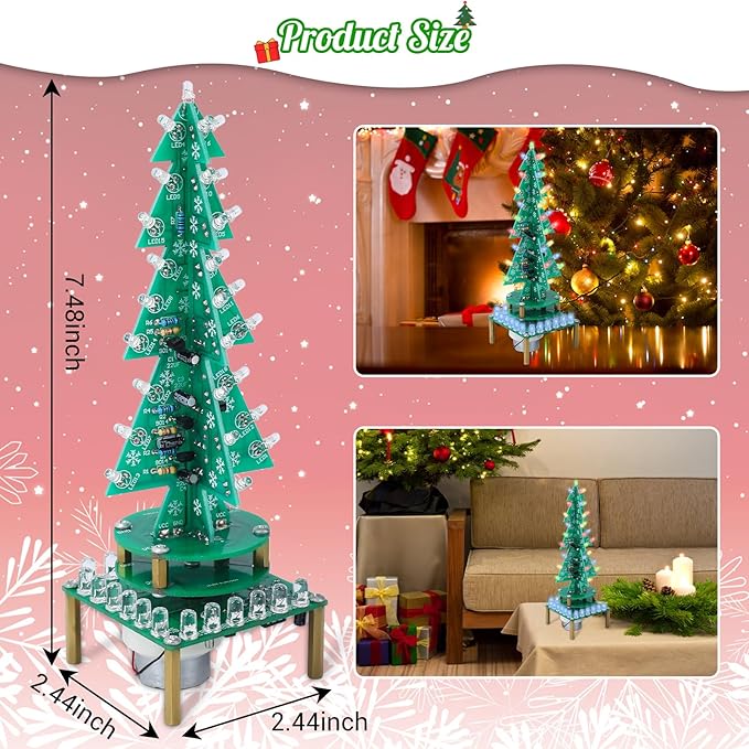 3D RGB LED Rotating Xmas Tree Soldering Kit, PEMENOL DIY Soldering Practice Kit Colorful Musical Christmas Tree Fun Electronic Project Kit for Christmas Decoration Home Family Friends
