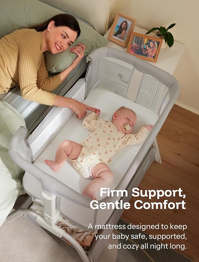 HARPPA Cuddly Bassinet, 2 in 1 Baby Bassinet with Breathable Mesh and Mattress, 6 Height Adjustable, Bedside Sleeper with Anchor Strap, Storage Basket and Wheels