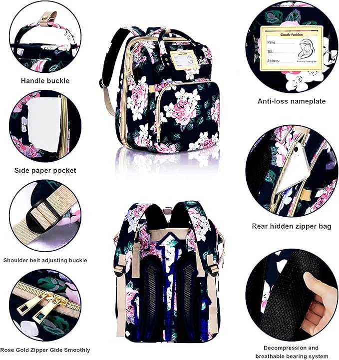 Diaper Bag Backpack Waterproof Baby Bag Large Capacity Multifunction Nappy Bags Floral Insulated Durable Travel Maternity Back Pack with Changing Station for Baby （Black）