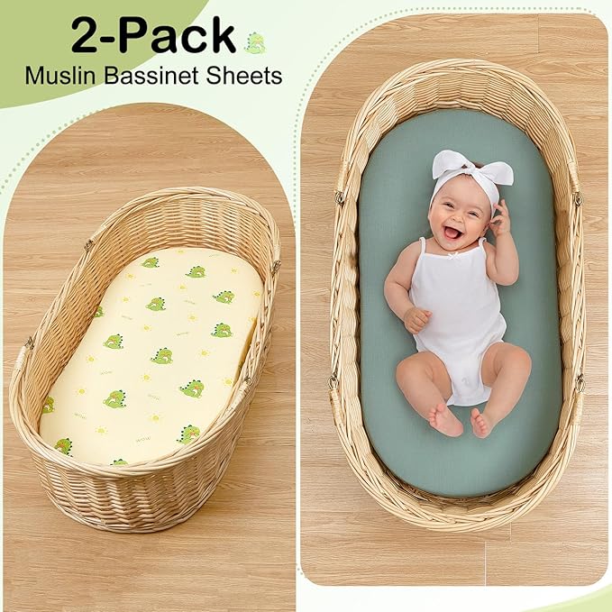 Baby Bassinet Sheets TPU Waterproof 2 Pack Soft Muslin Bedside Bassinet Mattress Sheets with Bottom Elastic Band for Baby Boy Girls Unisex Fit Hourglass Oval and Rectangle, Green Dinosaur