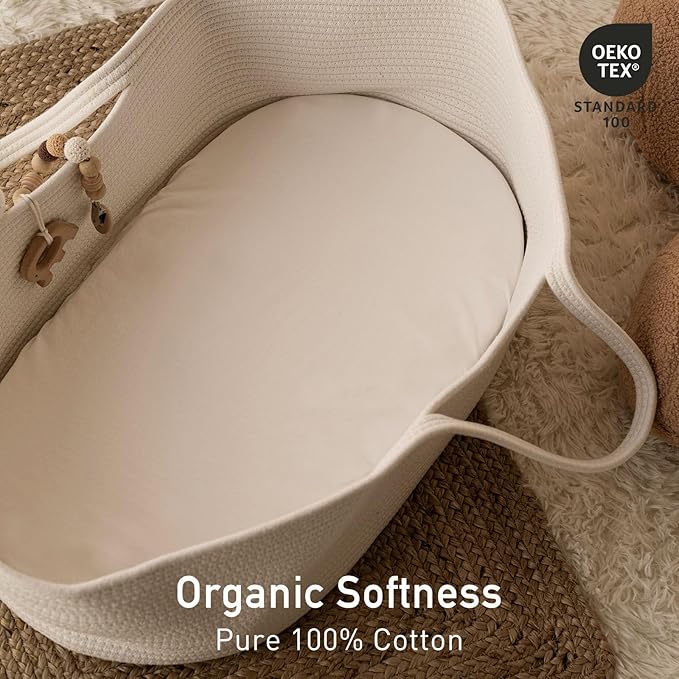 Gllquen Baby Bassinet Sheets 2 Pack, 100% Organic Cotton Bassinet Fitted Sheets for Girls Boys, Soft & Breathable Unisex Baby Mattress Sheet for Standard Bassinets 33"x17"(White)