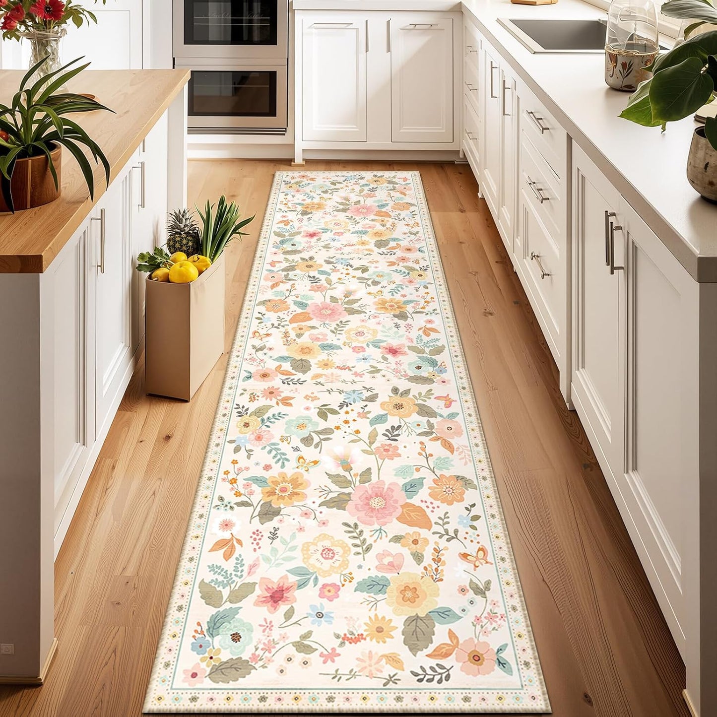 Floral 2x8 Area Rug Machine Washable Soft Print Boho Carpet Non Slip Doormat Low Pile Flower Area Rugs for Living Room Bedroom Nursery Kitchen Dining Room Indoor-Beige/White/Orange