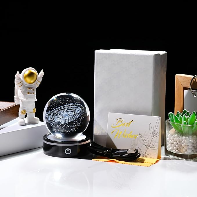 3D Solar System Model Crystal Ball Led Lamp Base - Space Decor World Globe Planets Sphere Night Light 80mm 3.15 Inch - Solar System Decor Birthday Astronomy Gifts for Men Physics Science Teacher