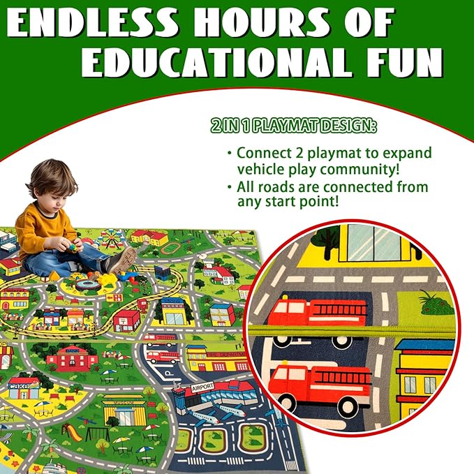 Pack 2 Car Rug Play Mat - Car Train Rugs Playroom Mat, Road Rug Kids Rugs for Bedroom with City Map Design Kid Room Decor, 59x31.49 lnches