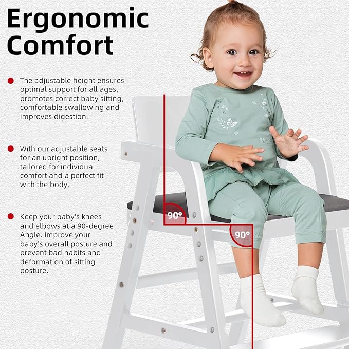 Wooden High Chair Baby Highchair, Portable HighChair for Babies & Toddlers, Adjustable and Convertible Kids Dining Chair with Removable Cushion, Easy to Clean, Water Resistant (White)