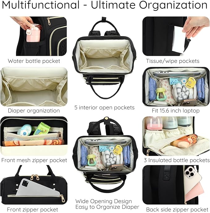AIJIEKE Diaper Bag, Large Wide-Open Baby Diaper Backpack, Multi-functional Baby Travel Tote Bag, Diaper Bag with Changing Pad, Diaper Bags for Mom & Maternity (Black)