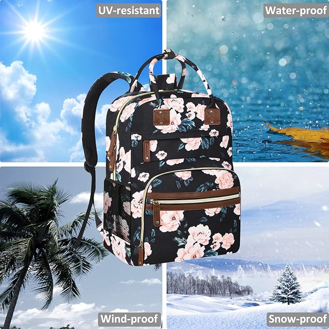 Diaper Bag Backpack Tote for Women Large Capacity with Insulated Pockets Multifunctional Diaper Bags For Baby Girl Boy Waterproof Baby Bags, Maternity Bag Black Pink Floral