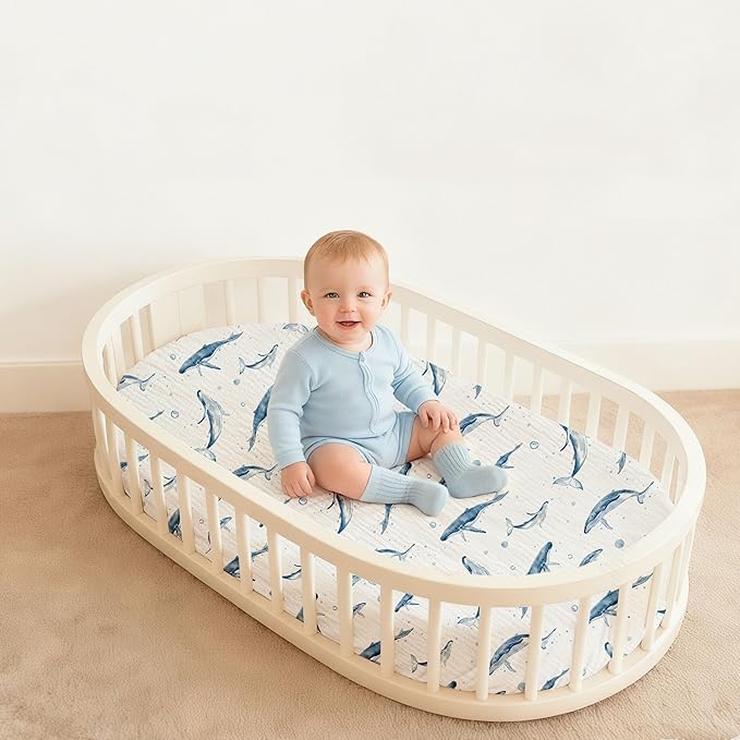 Muslin Bassinet Fitted Sheets, 2 Pack for Baby Boy and Girl, Soft Breathable Baby Pad/Mattress Sheet, Fit for Hourglass Oval and Rectangle Bassinet Mattress (Blue Whale, Bassinet Sheets 2 Pack)