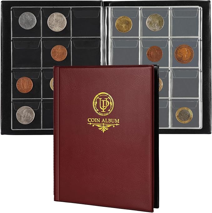 120 Pockets Coin Album - Coin Collecting Book with 10 Pages, 45x43 mm Grid Holder for Pounds Pence Cents Dollars Nickel (Red) CS48120RE