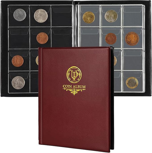120 Pockets Coin Album - Coin Collecting Book with 10 Pages, 45x43 mm Grid Holder for Pounds Pence Cents Dollars Nickel (Red) CS48120RE