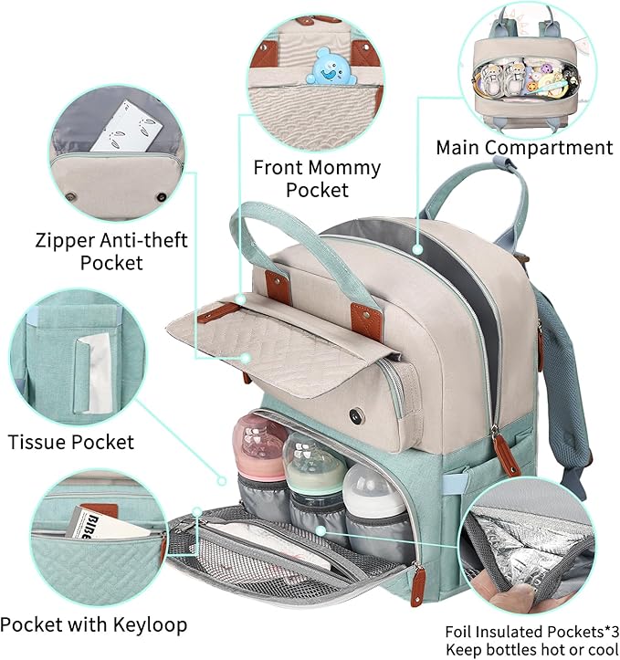 Diaper Bag Backpack, Baby Diaper Bag for Girls Boys, Multipurpose Baby Backpack for Women, Large Baby Essentials Travel Bag with Insulated Pockets and Stroller Straps
