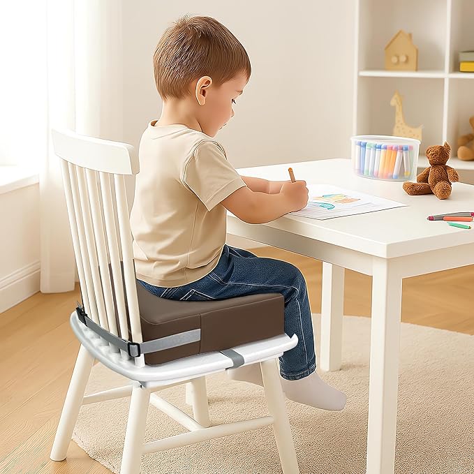 Toddler Booster Seat for Dining Table, Two Elastic Seat Belts, Anti-Scratch PU Skin-Friendly, Waterproof, Anti-Wrinkle, Detachable Non-Slip Bottom - Dark Brown