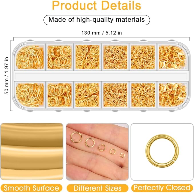 Anezus 1200PCS Jump Rings for Jewelry Making Kit, Gold, Jewelry Making Supplies and Necklace Repair, Modern Style, Small Size, Not Foldable