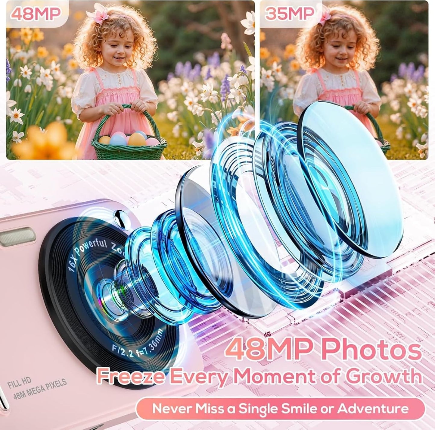Digital Camera for Kids, WITYEAH 48MP FHD 1080P Point and Shoot Digital Cameras with 16X Zoom Anti-Shake, Compact Portable Cameras for Photography, for Boys Girls Teens Beginners-Pink