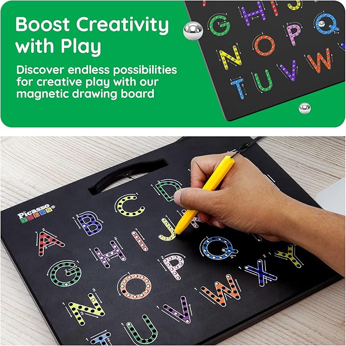 PicassoTiles 2in1 Magnetic Drawing Board Toy 12x10 In Large Magnet Bead Pad with Alphabet and Math Side in Black STEM Educational Writing Playboard Reusable Erasable Learning Tablet for Kids PTB02-BLK