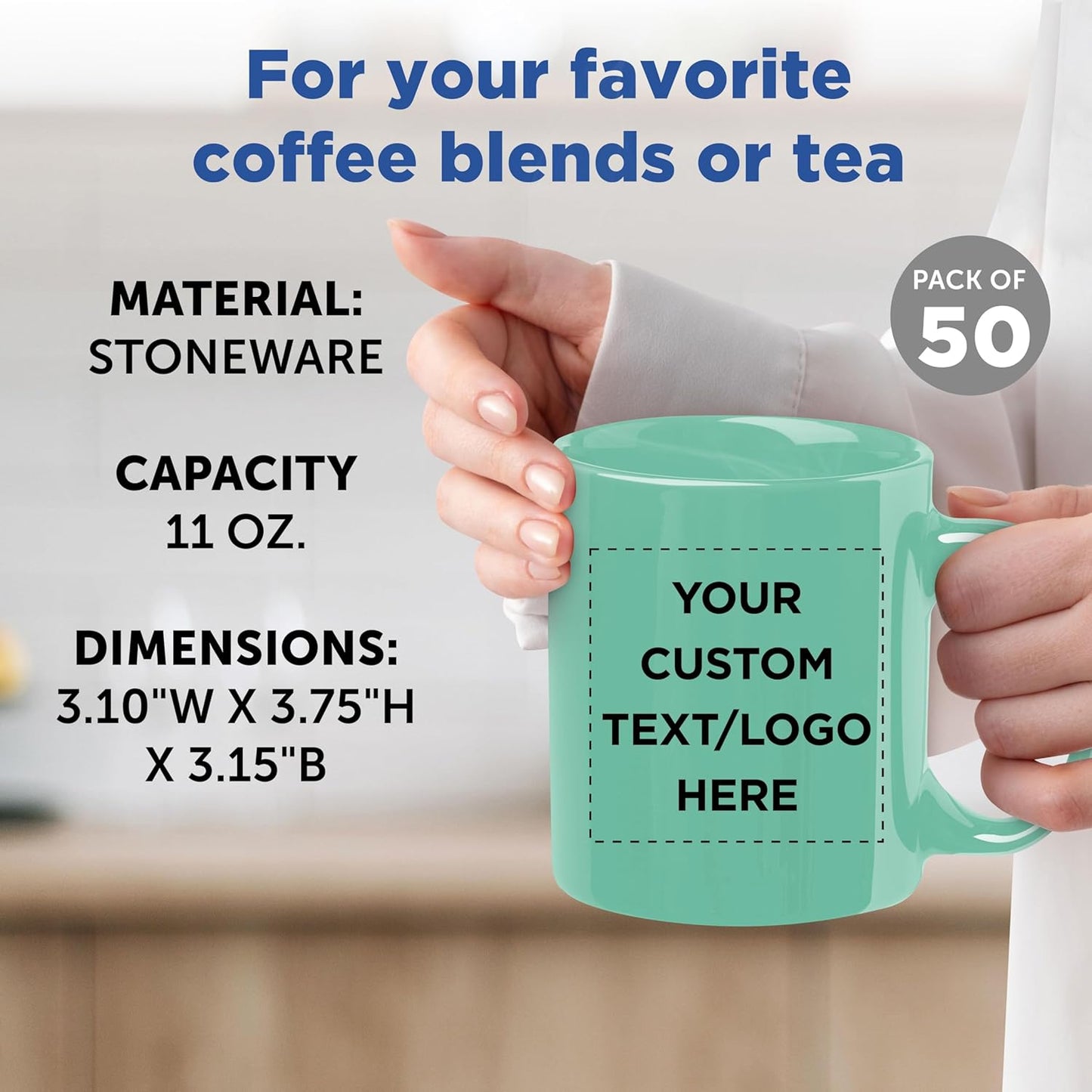 Custom Ceramic Coffee Mugs 11 oz. Set of 50, Personalized Bulk Pack - Coffee cup set, Iced coffee cup, Gaming mug - Teal