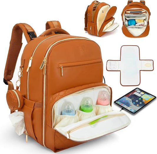Award-Winning Premium Leather Diaper Bag Backpack – Stylish, Durable, Waterproof Vegan Leather with PEVA Changing Pad & Baby Headrest, Travel-Friendly, Organized for Busy Parents