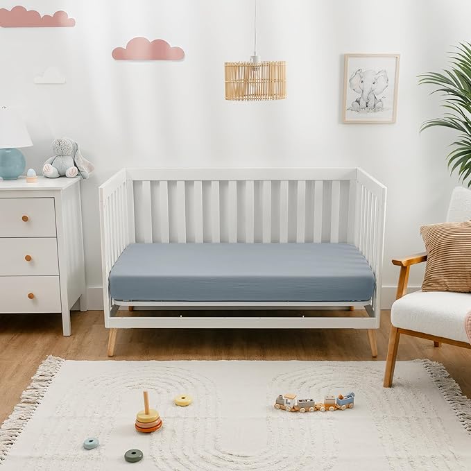 Comfy Cubs 100% Muslin Cotton Fitted Crib Sheet - Soft, Standard & Breathable Crib Sheets for Toddler Mattress - Snug Fit, Secure Elastic with Beautiful Packaging for Boys & Girls - Pacific Blue