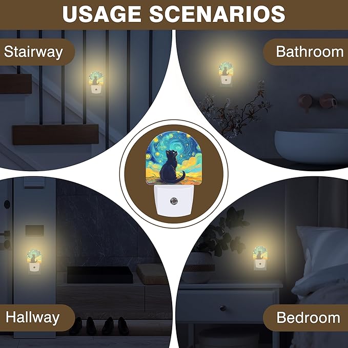 Night Lights Plug into Wall Black Cat Watching Starry Night Night Light Dusk to Dawn Smart Sensor Decorative Round Led Lamp for Bedroom Kitchen Hallway Nightlight for Women Men