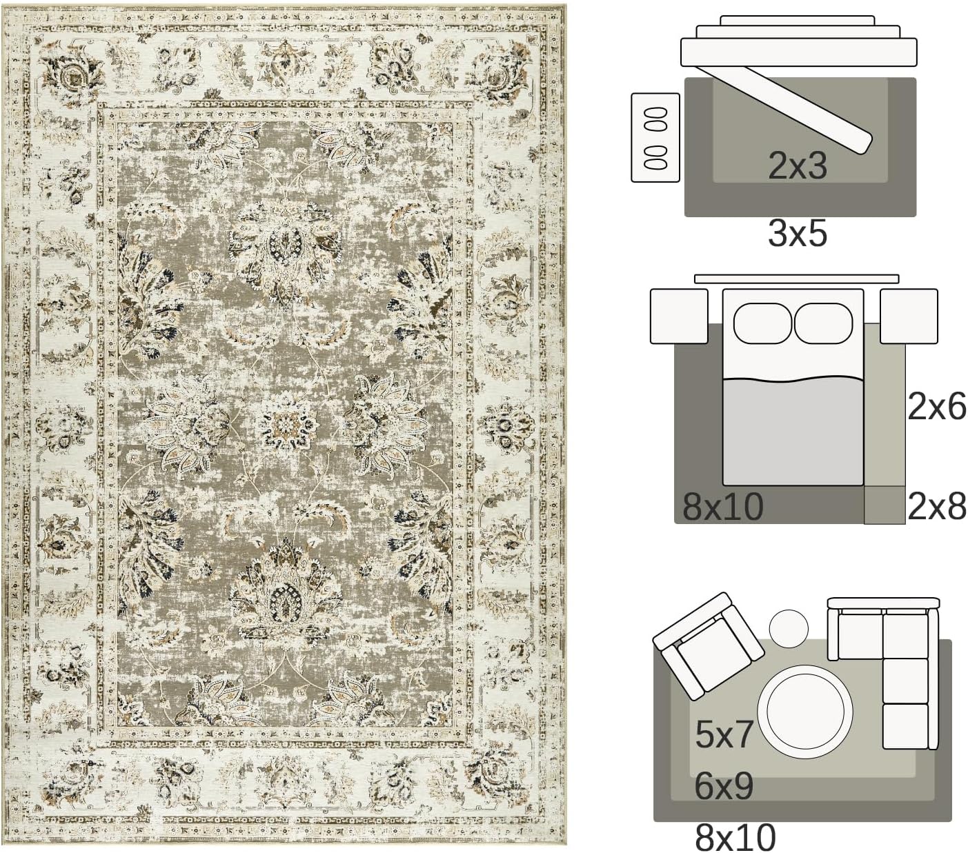 jinchan Washable Area Rug 8x10 for Living Room - Soft Faux Wool Ultra-Thin Stain Resistant Non-Slip Distressed Vintage Floral Large Carpet for Bedroom,Dining Room,Home Office,Nursery(Taupe, 8'x10')