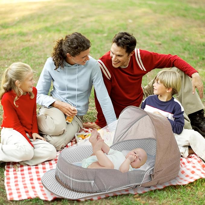 Baby Travel Bassinet Portable Bassinets, Foldable Carry Bag Bassinet Travel Crib, Lightweight Baby Lounger Pod Infant Bed with 2-1 Mosquito & Canopy (Khaki)