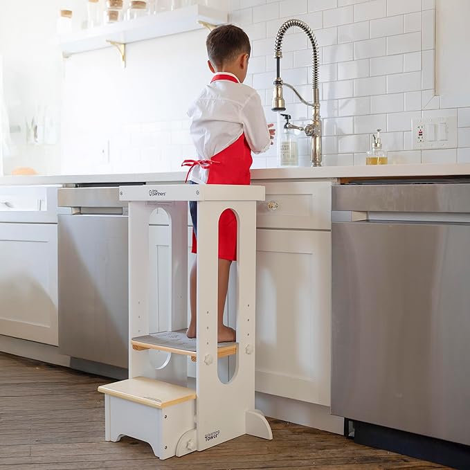 Little Partners Foldable Toddler Tower, Learning Tower Explore 'N Store Montessori Standing Kitchen Tower with Folding Step Stool Platform for Cooking and Learning, Ages 2+ (White w/Natural)