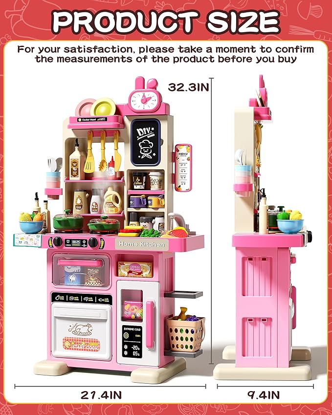 33.8IN Kids Kitchen Playset, 63 PCS Kid Play Kitchen with Realistic Lights & Sounds, Spray Sink Toy Kitchen Accessories, Pretend Food Toys Kitchen for Boys Girls Toddlers(Pink)