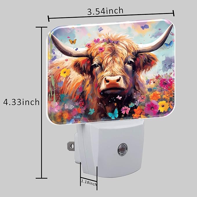 Watercolor Highland Cow Night Light, Flowers and Butterflies Nightlight Plug into Wall with Dusk to Dawn Sensor for Kid Girls Boys Women Men Bedroom, Hallway, Kitchen, Bathroom, Stairs Decor