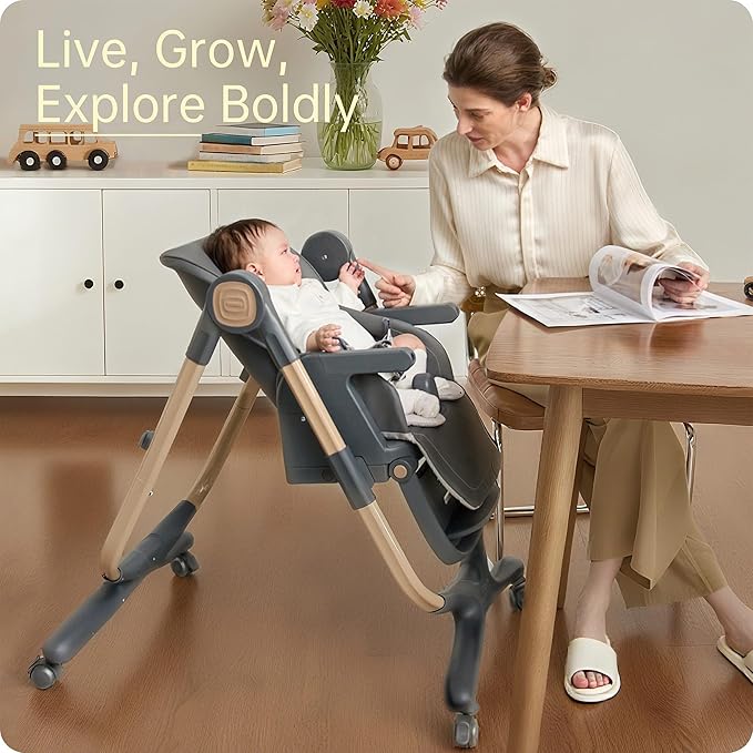 6 in 1 Convertible High Chairs for Babies and Toddlers,Portable High Chair with Dishwasher Tray and 4 Wheel,Booster Seat for Dining Table,Foldable Toddle and Baby Feeding Highchair (Gold-Grey)