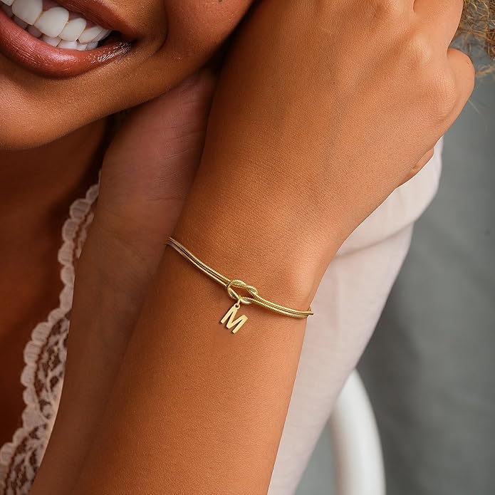 Gold Initial Bracelets for Women Girls - 18K Gold Plated Knot Initial Bracelet Teen Girl Gifts Trendy Stuff Dainty Gold Bracelets for Women Girls Jewelry Gifts