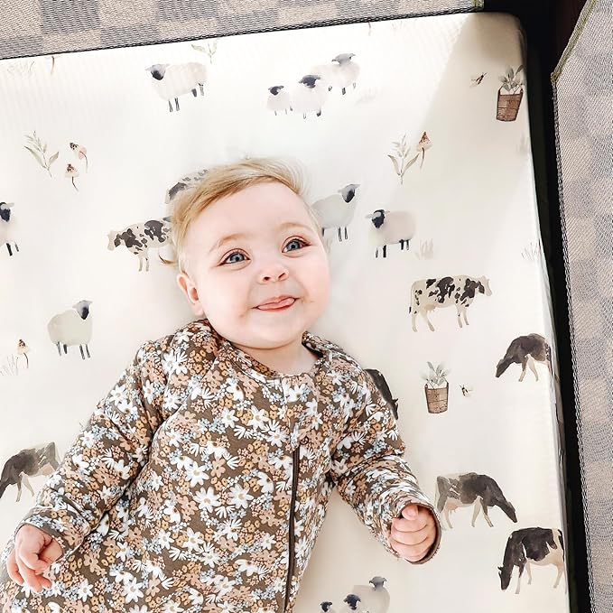 Stretchy Ultra Soft Jersey Knit Pack and Play Sheets Set 3 Pack, Portable/Mini Crib Sheets for Boys and Girls, Universal Fit for Pack N Plays Safe and Snug, Cute Watercolor Cows and Birds Print