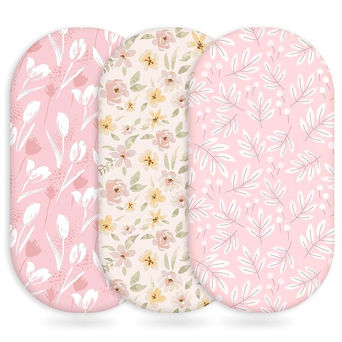Baby Bassinet Sheets Girl Boy, Fitted Bassinet Sheet Set 3 Pack Bassinet Mattress Sheets Universal Fit for Rectangle, Round, Oval, Hourglass Mattress, Soft Breathable Pink Flowers & Leaf