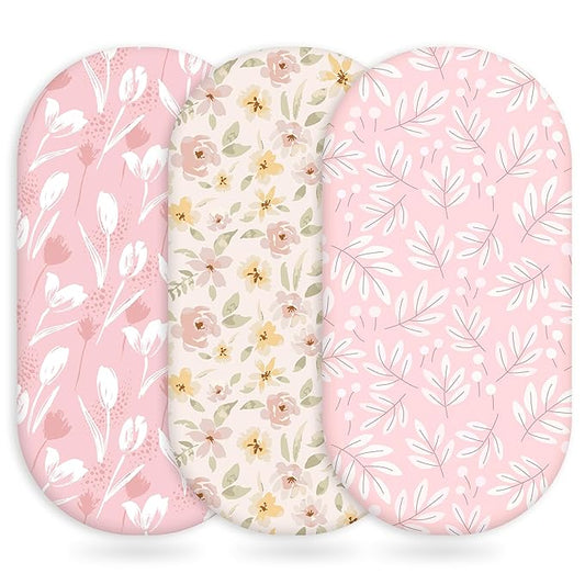 Baby Bassinet Sheets Girl Boy, Fitted Bassinet Sheet Set 3 Pack Bassinet Mattress Sheets Universal Fit for Rectangle, Round, Oval, Hourglass Mattress, Soft Breathable Pink Flowers & Leaf