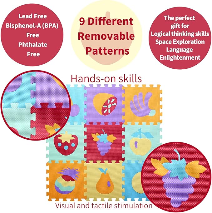 Coolcandy Baby Play Mat Without Fence, 9Pcs Interlocking Puzzle Floor Mat, 0.4" Thick Non-Toxic EVA Foam Play Mat, for Infants & Toddlers 3-36 Months, Soft Puzzle Tiles for Play Areas