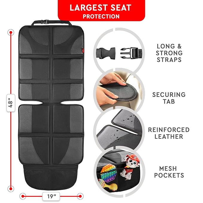Helteko Car Seat Protector - 2 Pack Car Seat Cover for Child Carseat with Thickest Padding, 600D Oxford, Waterproof & Durable Fabric, Non-Slip Back, 2 Mesh Storage Pockets, Black