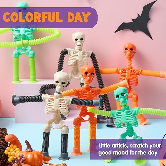 JOYIN 6 PCS Halloween Pop Sensory Tube Stretchy Toys, Glow in The Dark Fidget Toys for Halloween Party Favor Goodie Bag Fillers, Stress Relief Telescopic Suction Cup Skeleton Toys for Kids Gift