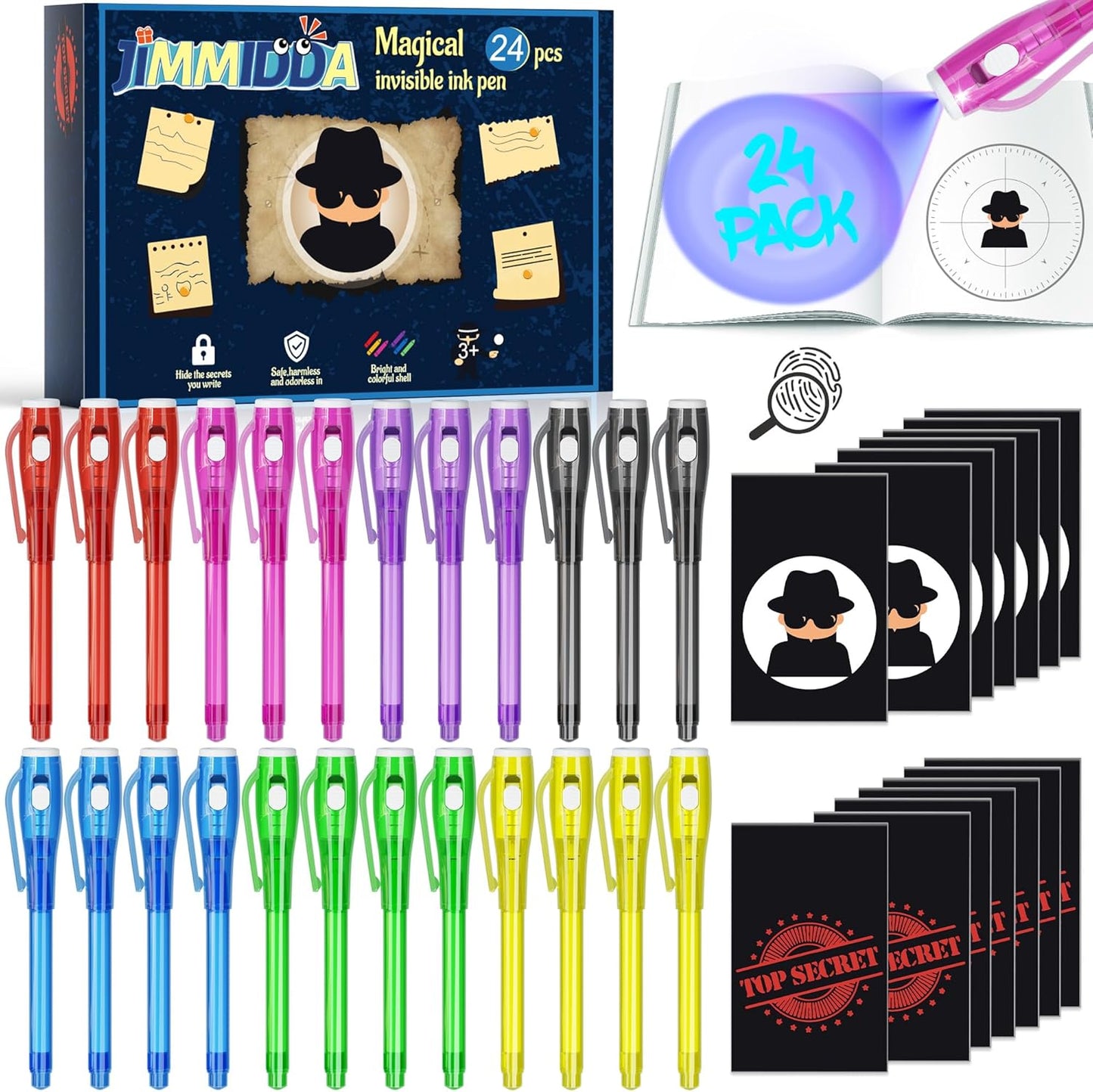 Invisible Ink Pen Spy Game for Kids, Party Favors Toys for Girls Boys, Magic Markers for Boys Girls Fun Outdoor Toys, Birthday for 6-13 Year Old Girls Boys (24PCS+Black Notebooks)