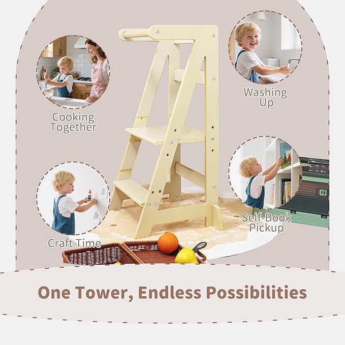 Damoch Family® Adjustable Wooden Learning Helper and Kitchen Tower for Kids - Montessori-Inspired Toddler Tower and Stool for Safe Participation in Kitchen Activities