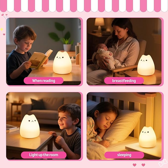 Night Light for Kids, Rechargeable Dimmable Silicone LED Nightlight with 7 Colors, Baby Nursery Night Lamp, Touch Squishy Lamp, Cute Gifts for Girls, Boys, Toddler Room Decor, Cat